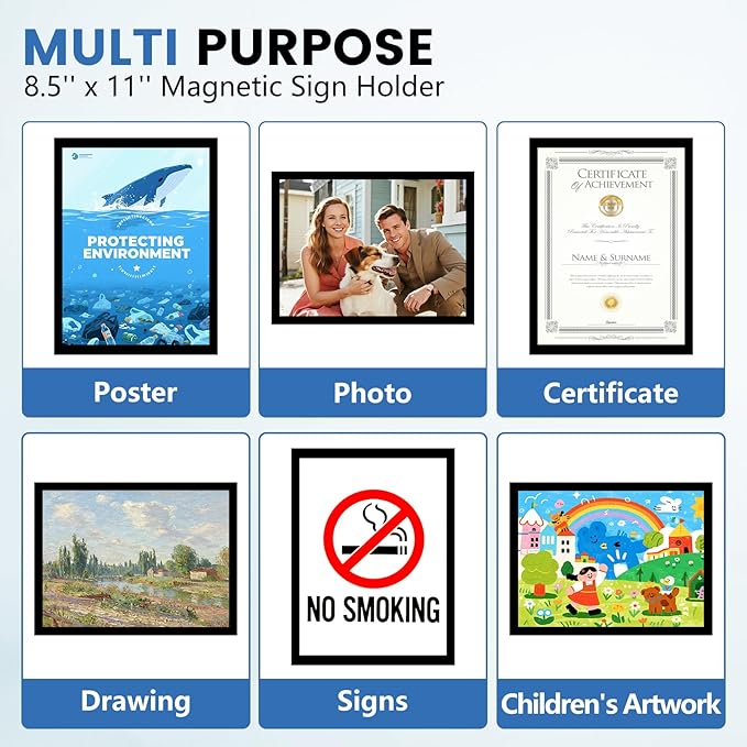 5 Pack Magnetic Sign Holder, 8.5in x 11in Self Adhesive Wall Mount Magnetic Document Holder, Magnetism Border Sign Holder with Transparent PVC Front Cover