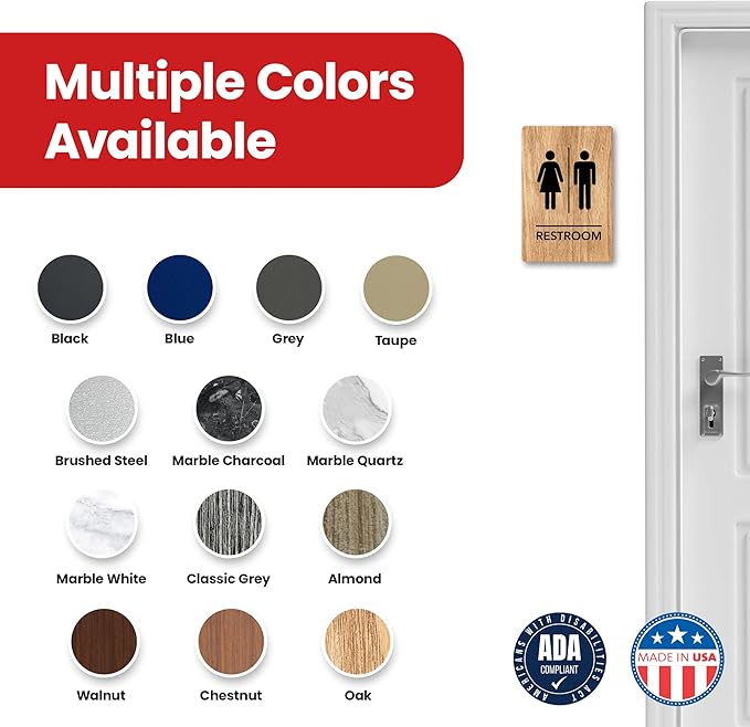 Promot Unisex Bathroom Sign – ADA Braille Restroom Sign for Business, Self-Adhesive, 9" x 6", Commercial Door Signage, Office Wall Decor - Oak