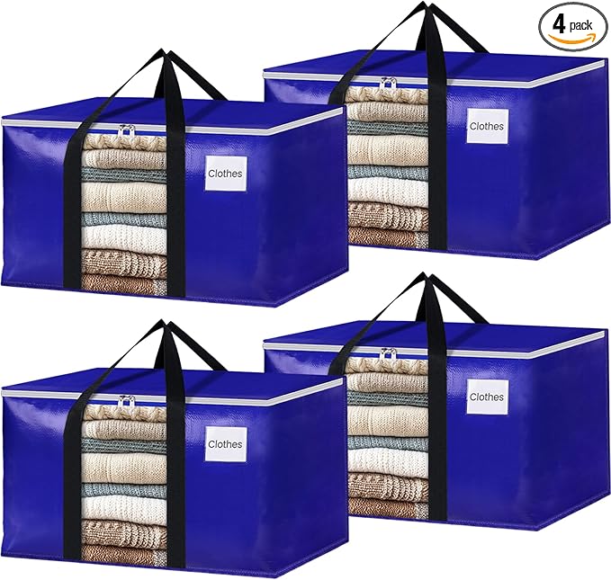BlissTotes 4 Pack Moving Bags with Clear Window, Storage Bags with Strong Carrying Handles & Zippers,Large Packing Bags for Saving Space, Alternative to Moving Boxes(Blue,24 Gallon)