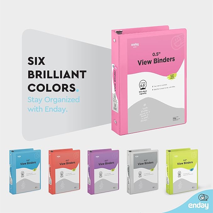 ½ Inch 3 Ring Binder Pink, .5 Inch Round Ring Clear View Cover with 2 Inside Pockets Binders, Colored School Supplies Binders, Also Available in Purple, Red, Green, Blue, and Grey (6 PC) – by Enday