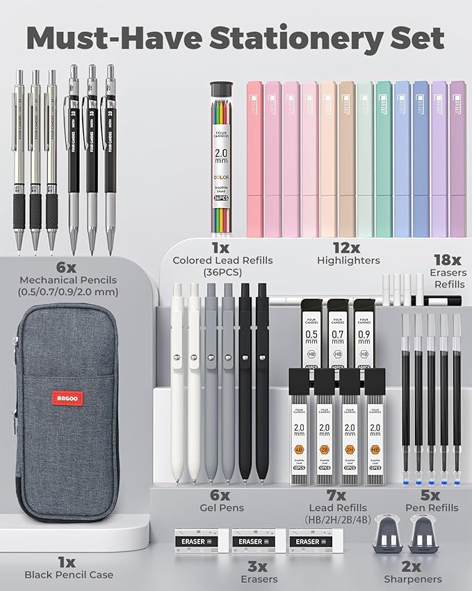 Four Candies 45 PCS School Supplies with Pen Case, 12 Pastel Highlighters, 6 Black Ink Gel Pens, 6 Mechanical Pencils Set for Students Stationary College Essentials (Black)