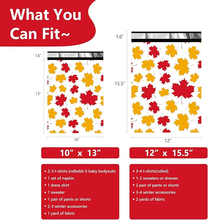Poly Mailers 10x13 Inch 100 Pcs - Maple Leaf printed Shipping Bags, 2.4mil Thickness, Waterproof and Tear Resistant Mailing Envelopes, Self-Sealing Packaging Bags for Small Business