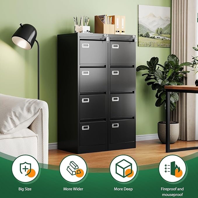 Letaya 4 Drawer File Cabinet with Lock,Metal Office Vertical Filing Cabinets for Home Office- Storage A4/F4/Letter/Legal -Assembly Required (Black)