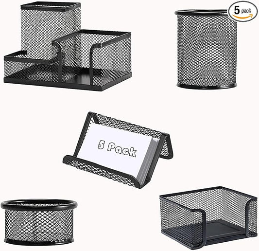 Desk Organizers and Accessories Set, Mesh Pen Holder,Office School Home Desktop Supplies for Clip Phone Sticky Notes,Mail, Caddy Storage Baskets(Black,5 Piece Set)