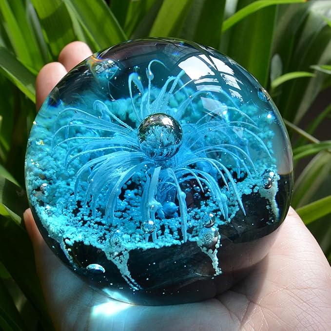 EUSTUMA Blue Hand Blown Glass Anemones Sculpture, 3.15x3.15x3.15 inches, 1.52 lbs, Paperweight, Fish Tank Ornament, Figurine Gift Box, Home Decoration