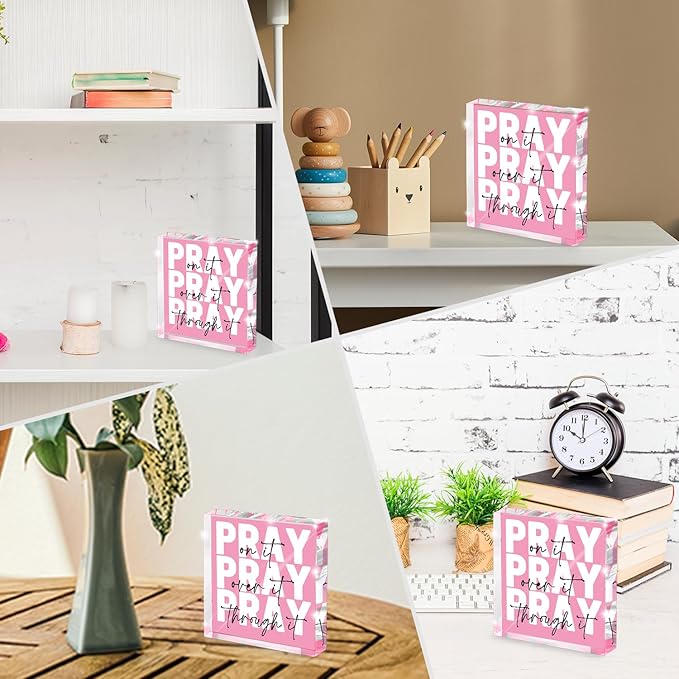 Pray on it, Pray over it, Pray through it - Pink Christian Gifts for Women, Get Well Presents, Pink Encouragement Dorm Room Decor for Female - Christian Presents for Women, Acrylic Sign