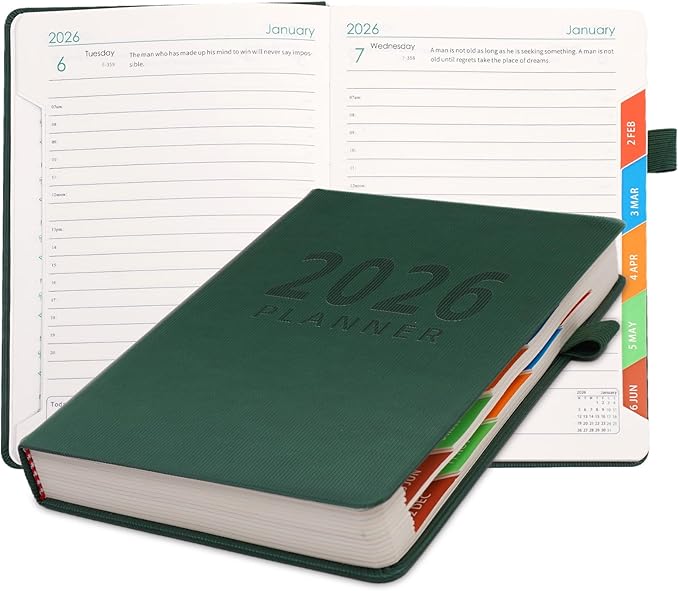 Picoway 2026 Planner A5 400 Pages - Weekly and Monthly Daily Calendar with Thick Paper, One Full Page Per Day Planners from Jan. 2026 - Dec. 2026, Hardcover Notebook ，8.3" x 5.7" (Dark Green)