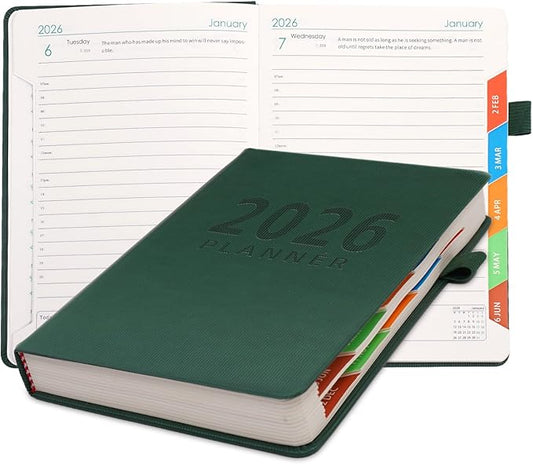Picoway 2026 Planner A5 400 Pages - Weekly and Monthly Daily Calendar with Thick Paper, One Full Page Per Day Planners from Jan. 2026 - Dec. 2026, Hardcover Notebook ，8.3" x 5.7" (Dark Green)