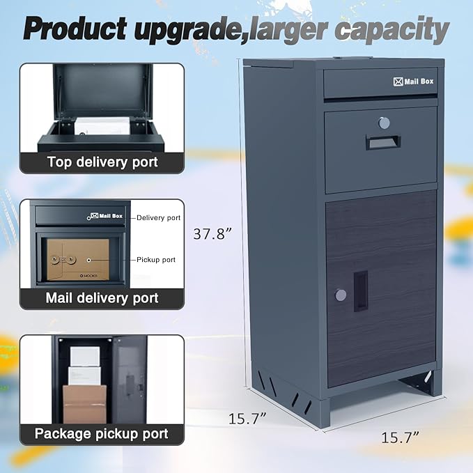 Package Delivery Boxes for Outside, Large Parcel Drop Boxes with Lock, Customize Address Stickers Package Drop Boxes for Outside is Waterproof,Package Delivery Box for Porch(Grey,15.7*15.7*37.8 in)