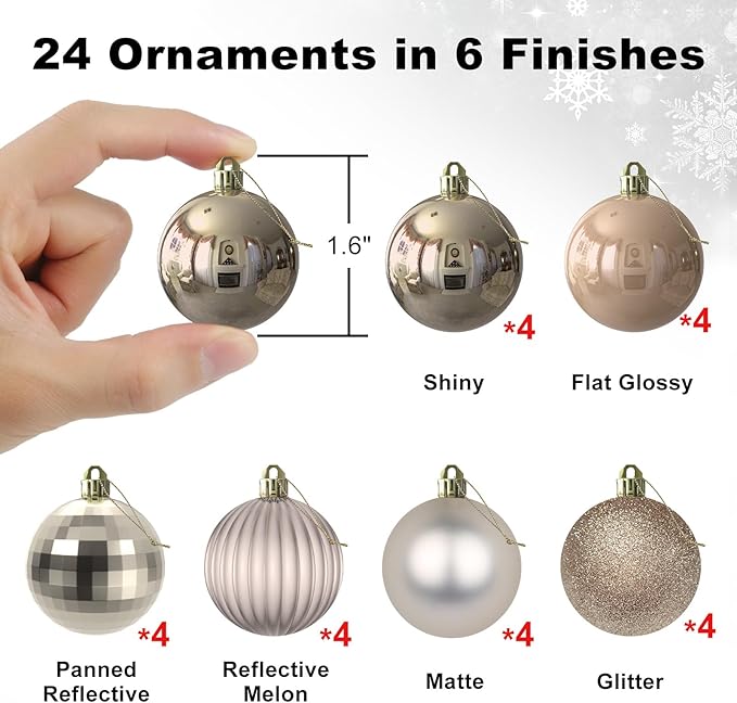 Champagne Gold 1.6" Small Christmas Balls Christmas Tree Decoration Ornaments Shatterproof Hanging Balls for Birthday Halloween Holiday Wedding Decorations Set of 24pcs