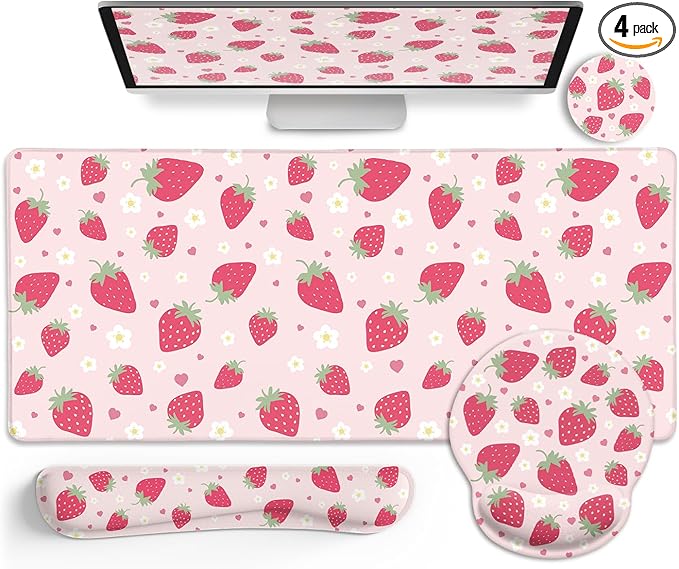 Strawberry Mouse Pad Desk Mat Set, Pink Ergonomic Mouse Pad with Wrist Rest, Large Gaming Mousepad Wrist Support Keyboard Mat Cup Coaster Set, Cute Office Desk Decor Accessories Supplies