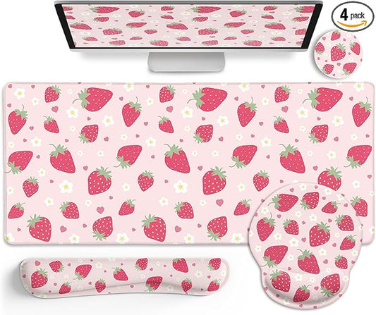 Strawberry Mouse Pad Desk Mat Set, Pink Ergonomic Mouse Pad with Wrist Rest, Large Gaming Mousepad Wrist Support Keyboard Mat Cup Coaster Set, Cute Office Desk Decor Accessories Supplies