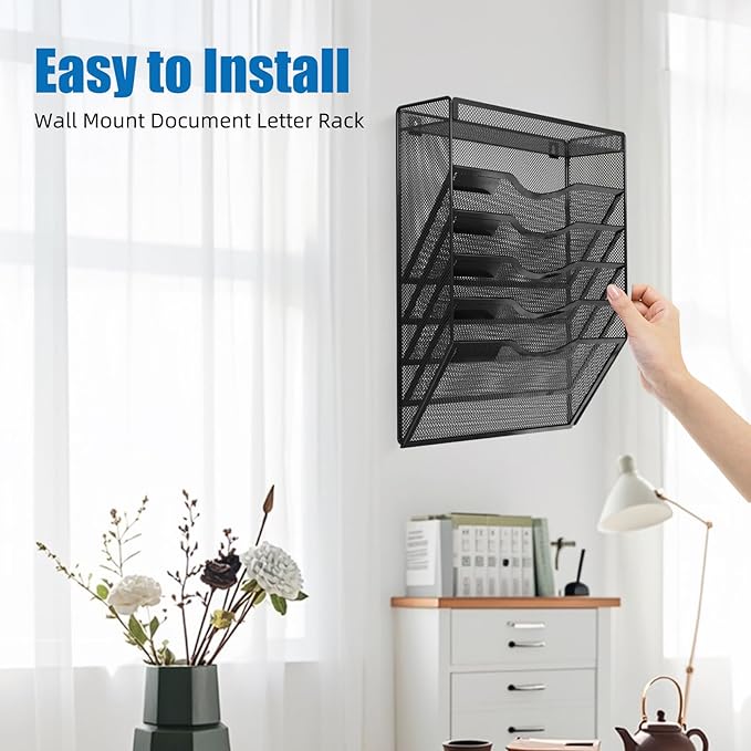 6 Tier Wall File Organizer Hanging Vertical File Organizer, Wall Mounted Mail Paper Document Folder Holder, Mesh Magazine Rack Mail Document Organizer for Office School Home(Black)