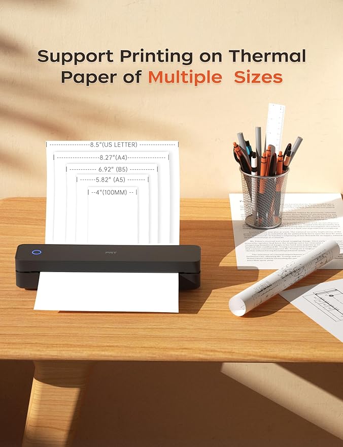 PRT Portable Printer Wireless for Travel, Inkless Bluetooth Small Mobile Thermal Printer, Support 8.5" X 11", A4, Compatible with iOS, Android, Laptop for Home Use, Office & Vehicles, 300 DPI, Black