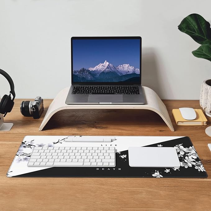 Japanese Life Death Keyboard Mat, Black White Japanese Anime Gaming Mouse Pad for Desk with Anti-Slip Rubber Base and Stitched Edges, Japanese Sakura Pagoda Sun Mouse Pad