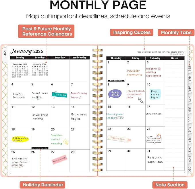 2026 Planner, Weekly and Monthly Calendar Planner, January 2026 - December 2026, Hardcover 2026 Calendar Planner Book with Tabs For Women & Men, Inner Pocket, Spiral Bound, Perfect for Office Home School Supplies - A5 (6.3" x 8.5"), Pink