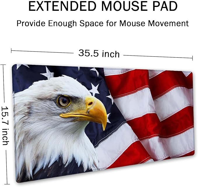 SSOIU Gaming Mouse Pad, Extended Mouse Pad, 35.5x15.7inch XXL Large Big Computer Keyboard Mouse Mat Desk Pad with Non-Slip Base and Stitched Edge for Home Office Gaming Work, Eagle on American Flag