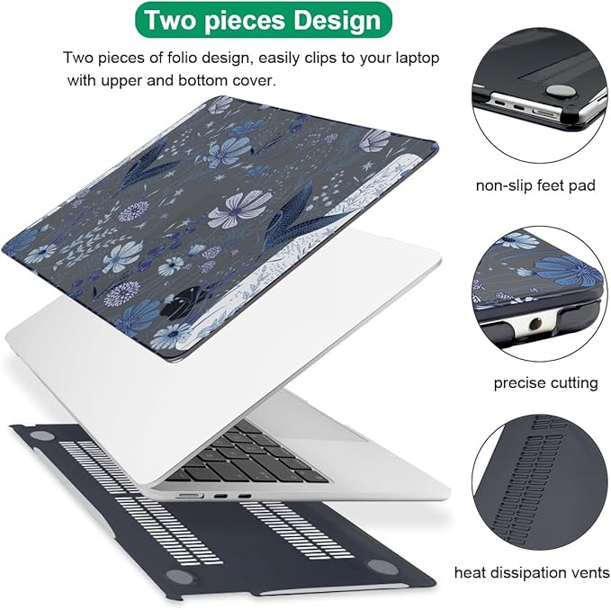 Compatible with 2022 2023 2024 MacBook Air 13.6 inch Case A3113 M3 A2681 M2, Crystal Printed Pattern Plastic Hard Case Cover for MacBook 13.6 inch Air 2024 M3 Touch ID, Wild Flowers Black