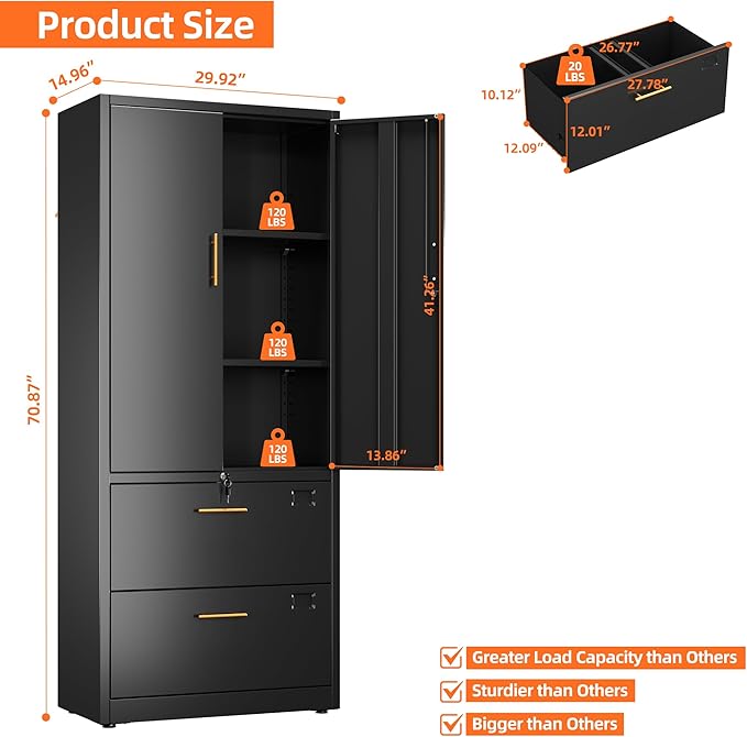 2 Drawer Lateral File Cabinet, Metal Storage Cabinet with Locking Drawers and Adjustable Shelves for Home, Office, Garage, School, Fit for A4/Letter/Legal File, Assemble Required