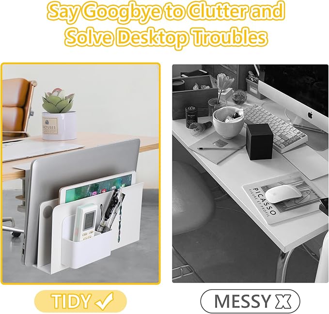 2 TIER Desk Side Storage Upgraded Under Desk Organizer, No Drill Hanging Laptop Holder Under Desk, Clamp-On Table Side Tray Steel Desktop Organization for Office and Home (White)