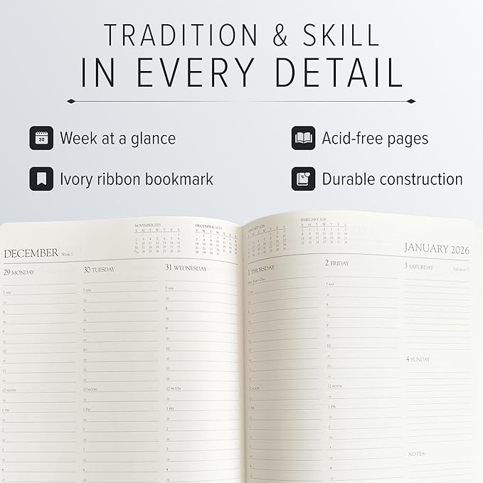 Gallery Leather Professional Weekly Monthly Planner 2026, Elegantly Bound Calendar Planner and Notebook with Stylish Gold-Gilded Page Edges, 12 Months - Monhegan Saddle - 9 x 7 "