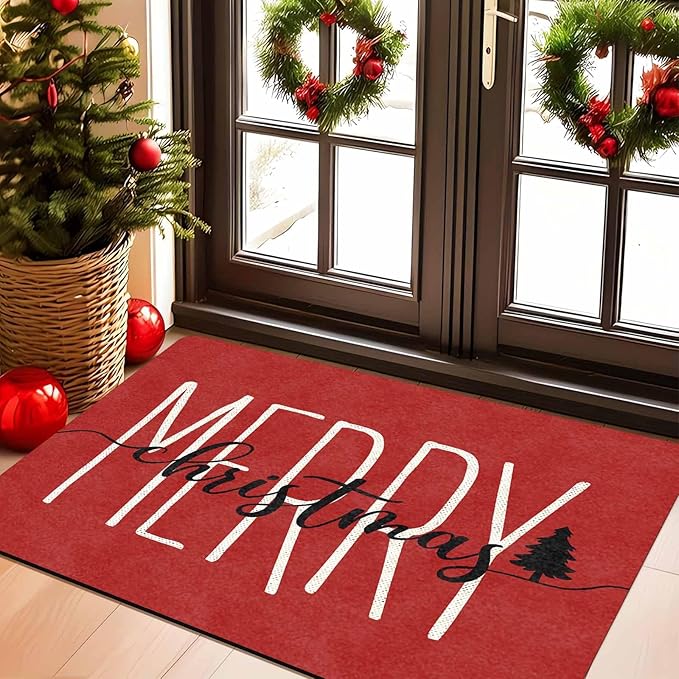 Merry Christmas Doormat Red Funny Text Door mat Outdoor Entrance Christmas Festival Carpet for Outside Entrance Or Porch Entry Entrance Decoration, 18" x 30"Inch