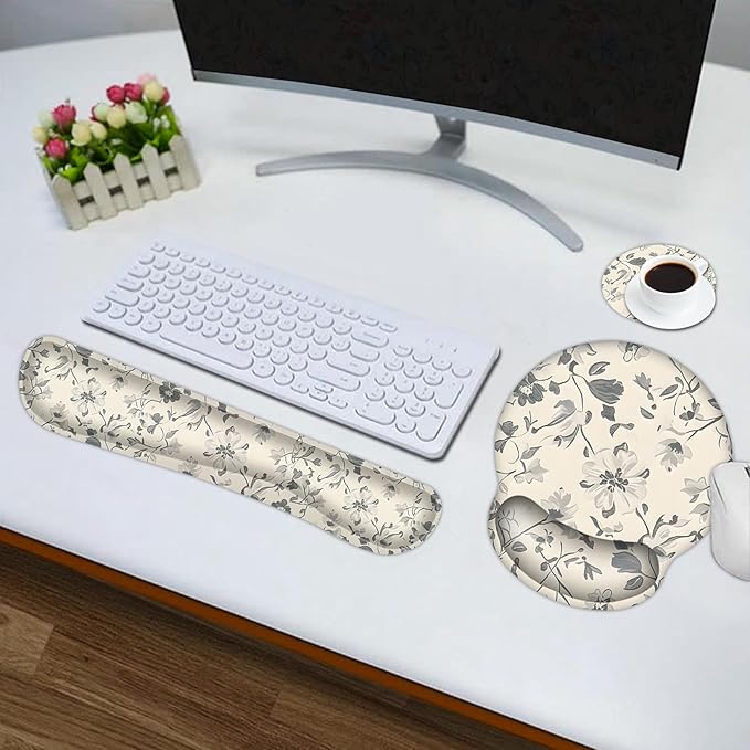DINKY Desk Mat Mouse Pad, XXL Large Gaming Mouse Pad with Wrist Rest Wrist Support, Ergonomic Mouse Pads, Keyboard Wrist Rest, Desk Accessories Decor for Home Office, Apricot Art Leaf