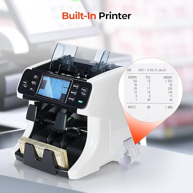 MUNBYN IMC40 2-Pocket Money Counter Machine Mixed Denomination and Sorter, Built-in Printer, Sort on DENOM/FACE/ORI, Value Counting, Counterfeit Detection 2 CIS/UV/MG/IR, Touch Screen, 2Y Protection