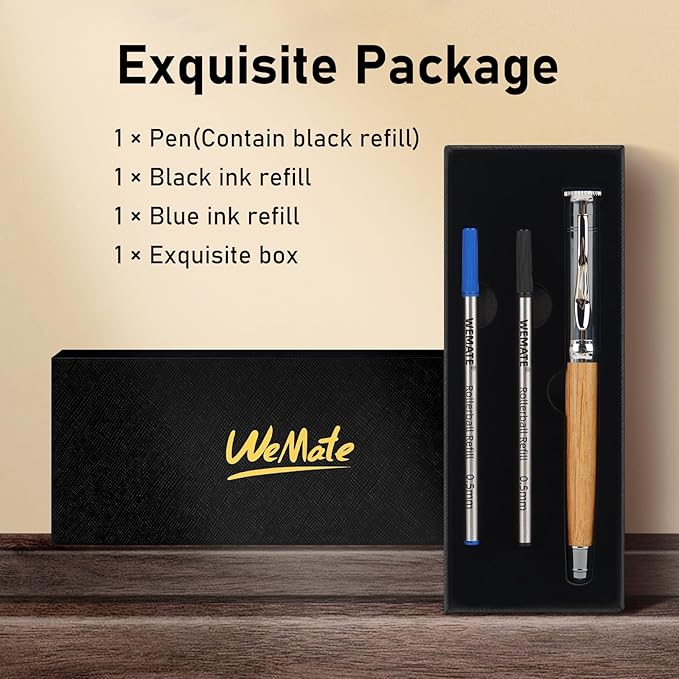 WEMATE Luxury Rollerball Pen Set, Extra 2 Ink Refills(1 Black & 1 Blue), Fancy Writing Pen Nice Office Gift for Men, Professional, Executive, Cool Wooden Pen for Journaling - Oak
