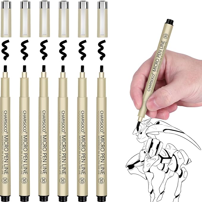 30 Micro Pen, 6 Pack Black Fine Point Pen with Waterproof Archival Ink, 3mm Fineliner Ink Pens for Artist Illustration, Sketching, Anime, Manga, Technical Drawing and Scrapbooking
