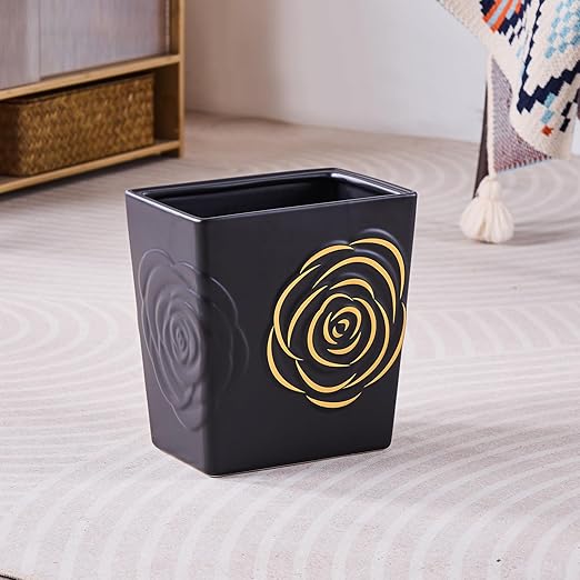 Black Ceramic Trash Can with Gold Rose – 2.5 Gallon Small Bathroom & Kitchen Garbage Bin, Decorative Waste Basket for Bedroom, Office, Hotel – Elegant Floral Design, Heavy Duty (9 Liter, Gift Idea)