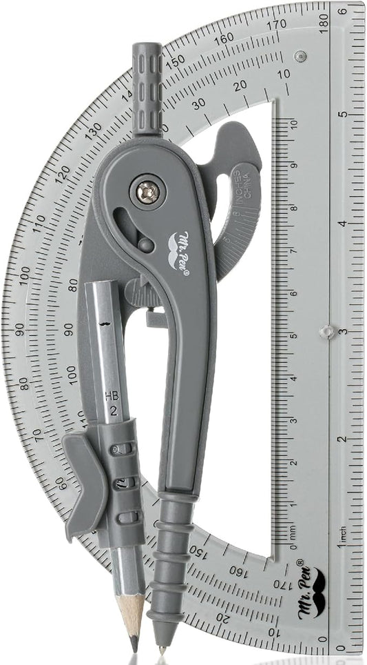 Mr. Pen- Compass and Protractor Set, Shuttle Grey, Compass Geometry Tool, Protractor and Compass Set, Compass Drawing Tool, Drawing Compass, Geometry Compass, Back to School Supplies