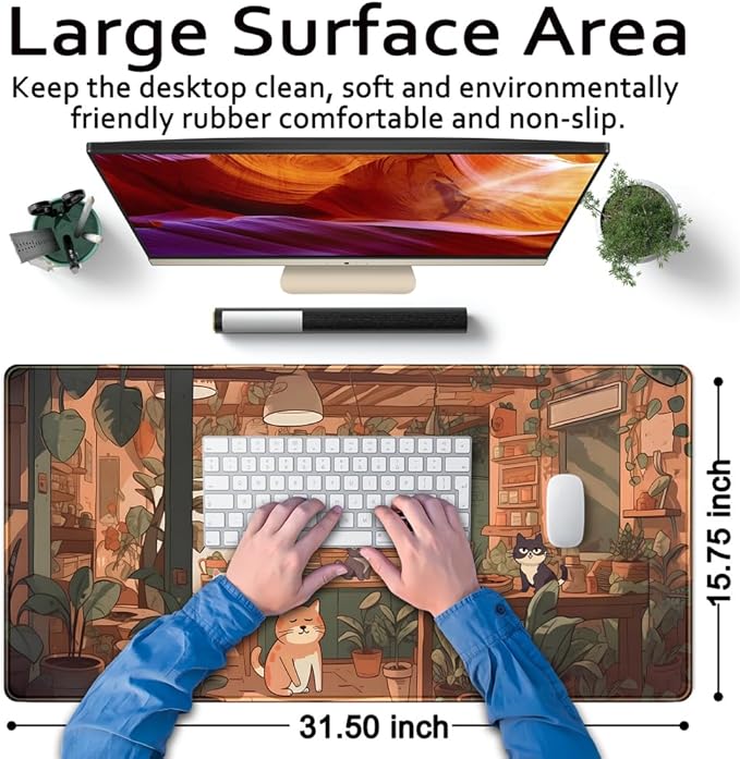 Rown Cute Cat & Puppy Mouse Pad - Green, Bonsai Aesthetic, XXL 31.5x15.7 in Desktop & Laptop Keyboard Pad for Office & Home