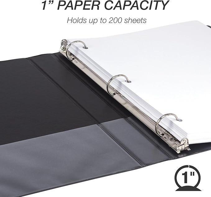 Samsill 1 Inch 3 Ring Binder, Made in USA, Economy Round Ring, Clear View Cover, 200 Sheet Capacity - for School, Home, Office - Charcoal Black