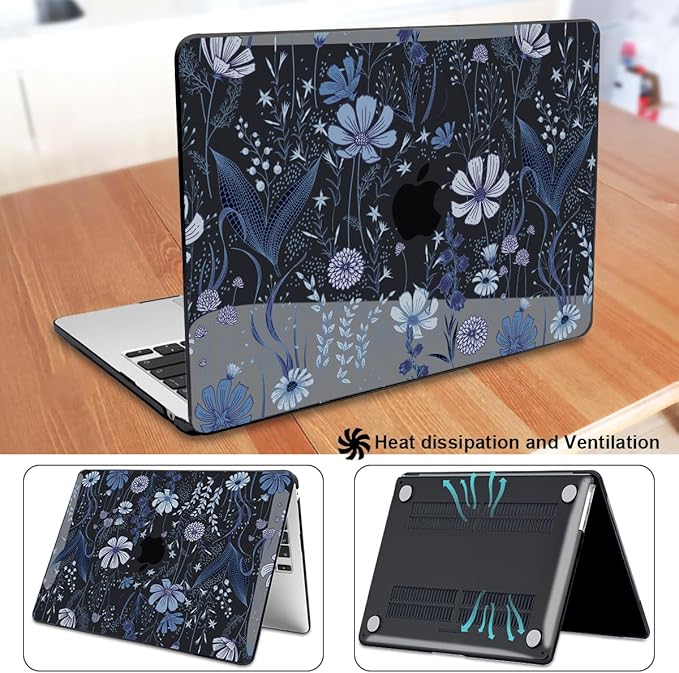 Compatible with 2022 2023 2024 MacBook Air 13.6 inch Case A3113 M3 A2681 M2, Crystal Printed Pattern Plastic Hard Case Cover for MacBook 13.6 inch Air 2024 M3 Touch ID, Wild Flowers Black