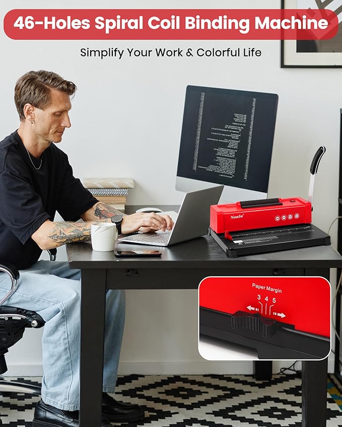 Nolan Upgraded Binding Machine Spiral Coil Binder,46-Hole Book Binder with Electric Coil Inserter,4:1 Pitch,100pcs Comb Binding Spines&1 Crimper Plier,School Office Home,Anti-Rust