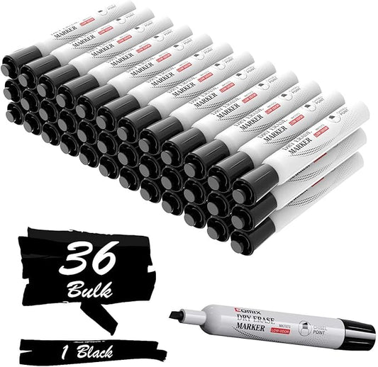 Comix Dry Erase Markers, Chisel Tip Black White Board Markers, 36 Bulk Black Colors Low Odor Markers for Kids Office & School Supplies