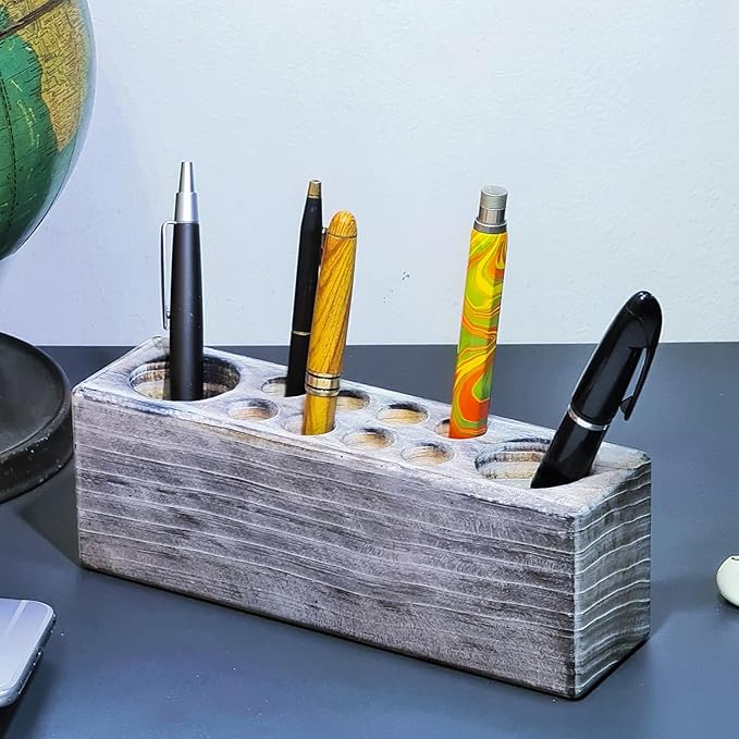 Whitewashed Wooden Pen Holder, Grey Solid Wood Desk Organizer, Rustic Paint Brush Holder and Art Supplies Organizer