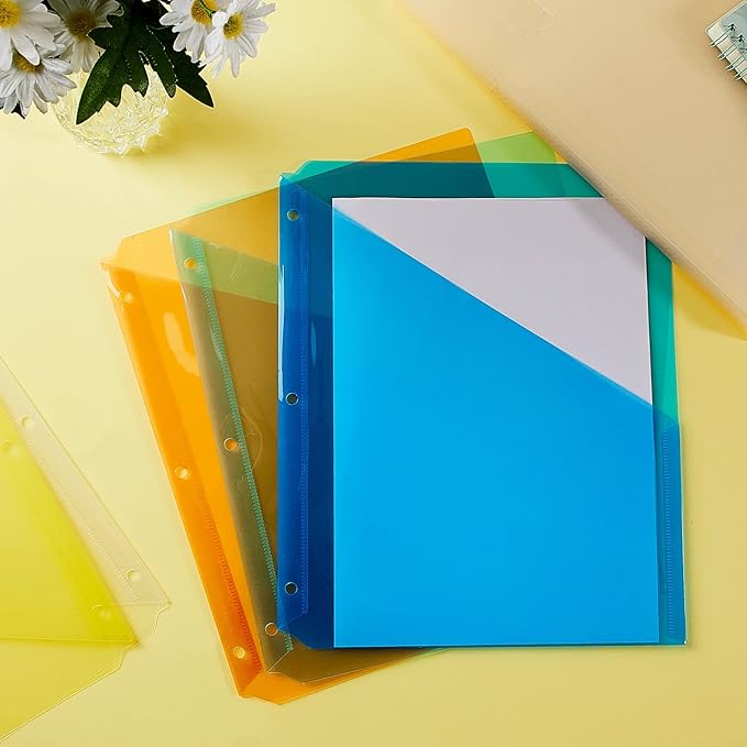 Maitys 50 Pack Binder Pockets 3 Hole Punch Clear Plastic Document Folders Binder Organizer Store Letter Size 8.5x11 Inch Paper Folders with Pockets Slash File Jacket for Office (Fresh Color)