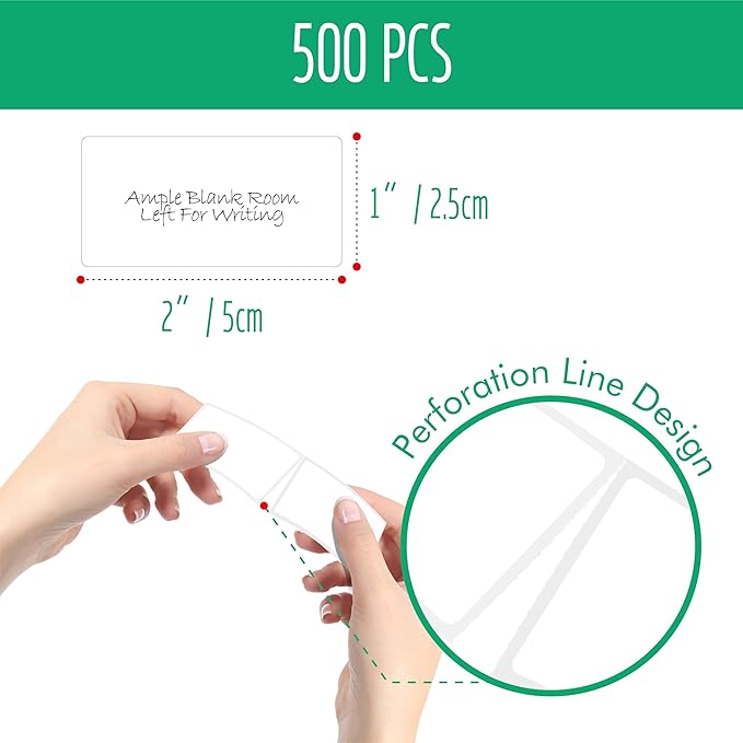 500 Removable Blank Food Labels, Water/Oil/Tear Resistant with Perforation Line for Freezer Food Containers Jars Pantry Organization (Each Measures 1” x 2”)