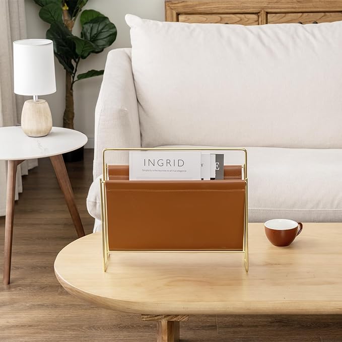 MyGift 15-Inch Modern Brown Leatherette & Brass Plated Metal Magazine Holder – Floor Standing Faux Leather Sling Style Newspaper Rack for Home, Bathroom, Office Decor