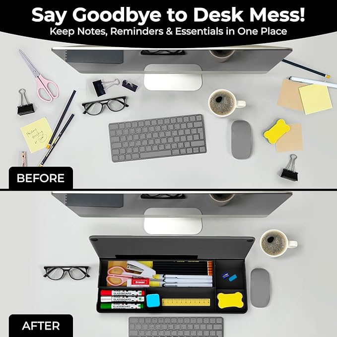 Chalkola Black Glass Desktop Whiteboard with Storage - Dry Erase Board, Work Desk Organizers, Computer Keyboard Stand, Home Office Desk Accessories, Workspace Desktop Buddy + 3 Markers