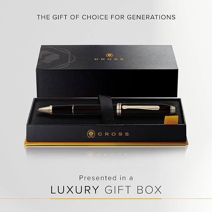 Cross Townsend Refillable Rollerball Pen Presented in a Luxury Gift Box - Medium Point, Black Ink, Black & Gold