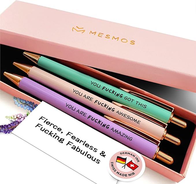 MESMOS Fucking Awesome Pen Set, Inappropriate Funny Gifts for Women and Friends. Fun and Motivational Office Pens for Coworkers, German-Made Ballpoint Ink