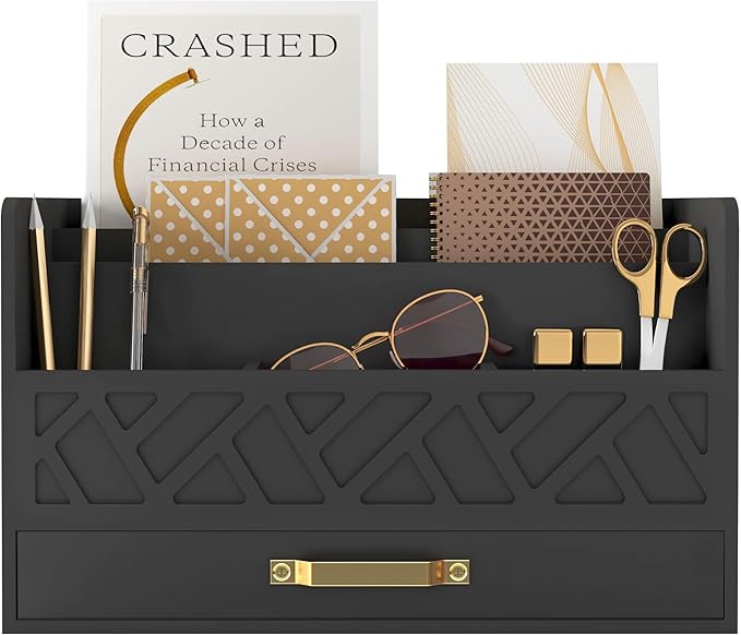 Bamboo Mail Organizer Countertop Wood Desk Organizer Drawer Tabletop Storage Box Letter Sorter Makeup Organizer for School Home Office Supplies Black