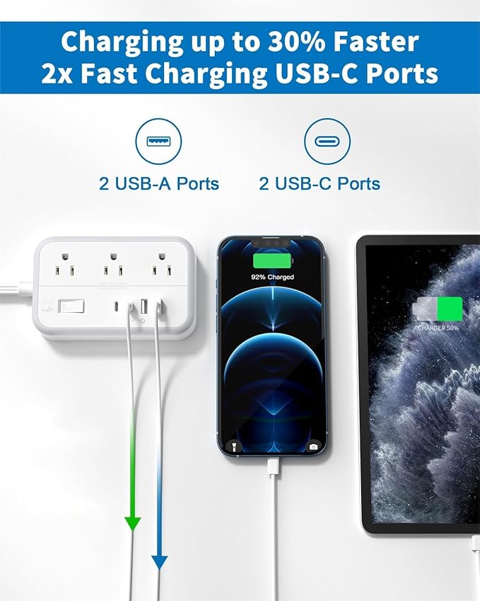 Surge Protector Power Strip with 6 Outlets 4 USB Ports(2USB C), Flat Extension Cord with Multiple Outlets, 1080 Joules, 5 ft Flat Plug Outlet Extender for Indoor, Office Supplies, Dorm Room Essentials