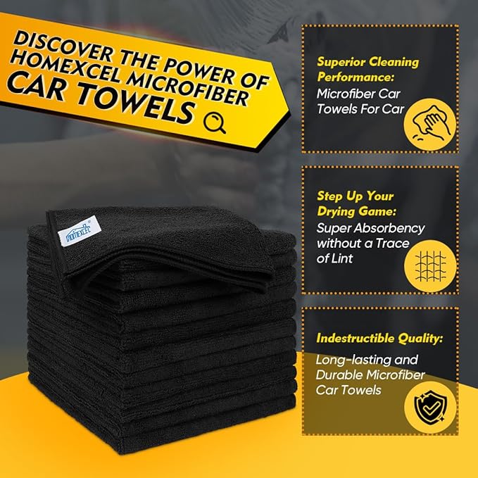 HOMEXCEL Microfiber Cleaning Cloths 12 Pack, Premium 16 x 16 inch Microfiber Towel for Cars, Ultra Absorbent Car Washing Cloth, Lint Free Streak Free Wash Cloths for Car, Kitchen, and Window, Black