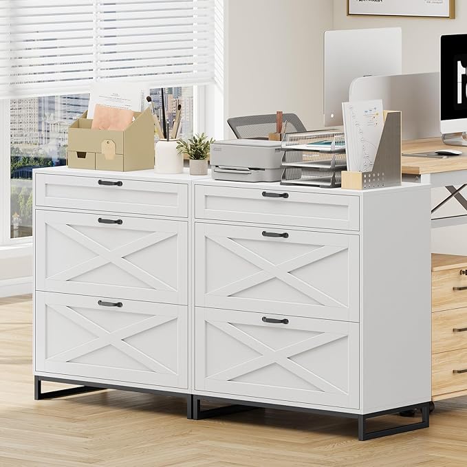 Vabches Lateral File Cabinet, Modern Farmhouse File Cabinet with 3 Drawers for Legal/Letter/A4 Size Hanging Files, Printer Stand Large Wood Home Office, Office White