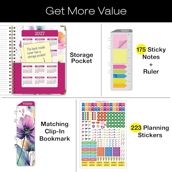 HARDCOVER 2026 Planner, 8.5"x11": 14 Months (November 2025 - December 2026), Daily Weekly Monthly Planner, Yearly Agenda, Bookmark, Pocket Folder and Sticky Note Set (Rainbow Floral)