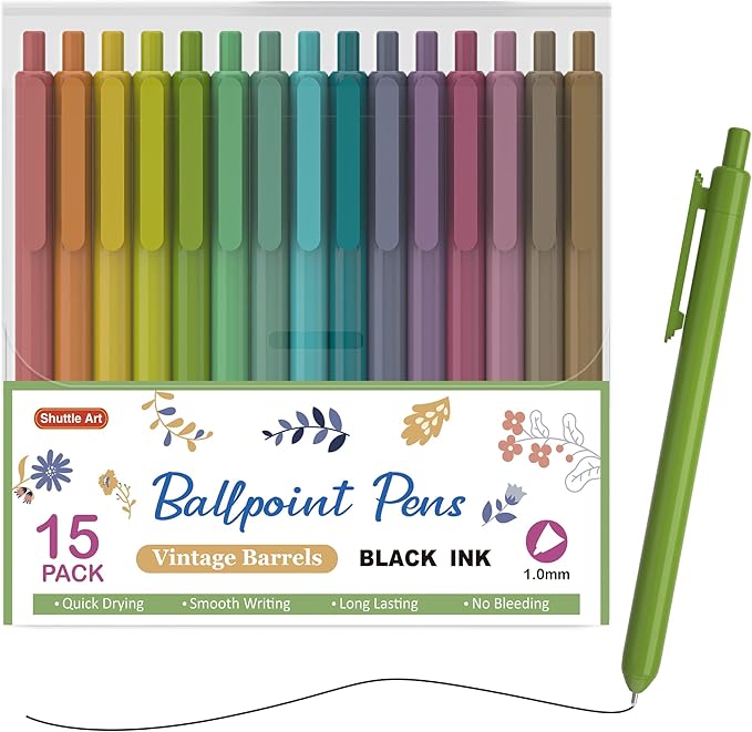 Shuttle Art Ballpoint Pens, 15 Pack Vintage Retractable Black Ink Ball Point Pens, Cute Pens 1.0mm Medium Point Quick Drying for Writing Journaling Taking Notes School Office Home